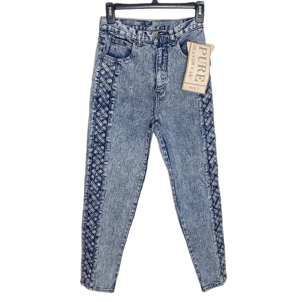 Pure Jeanswear high rise acid wash mom jeans with lattice accents vintage size 7